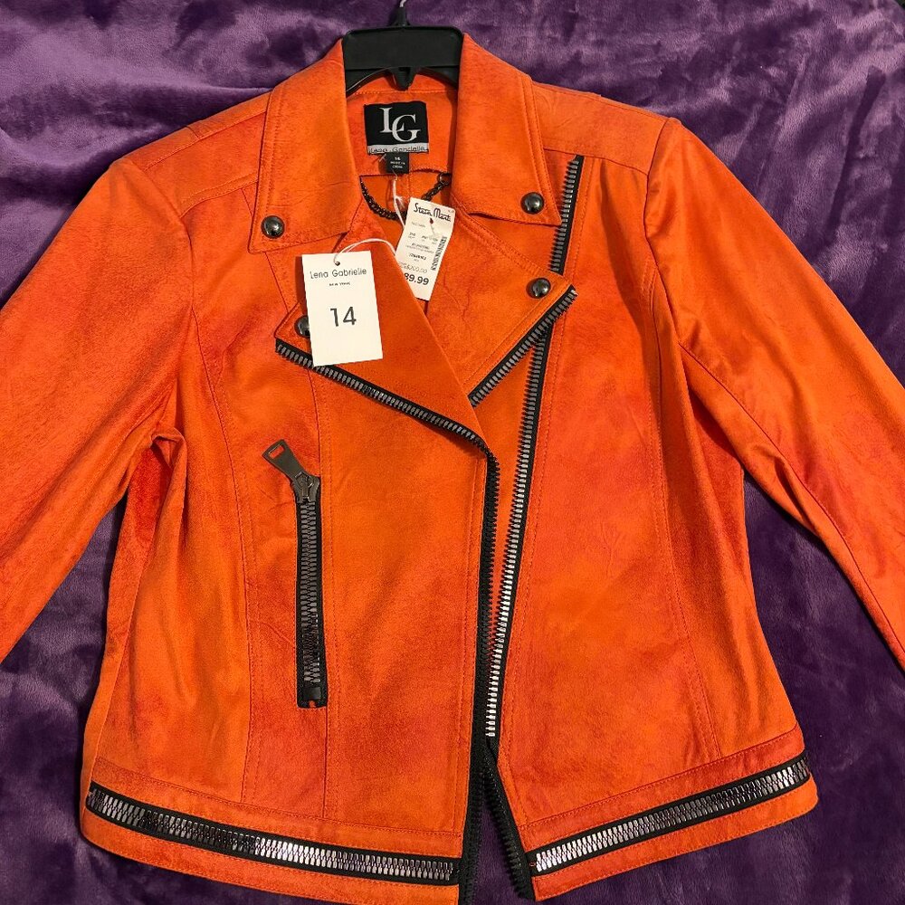 New w/Tags Lena Gabrielle Suede Touch Faux Jacket Moto Style Edgy Nectarine sz14
